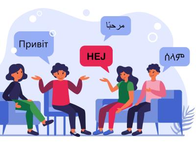 Grafik af folk der siger hej på forskellige sprog